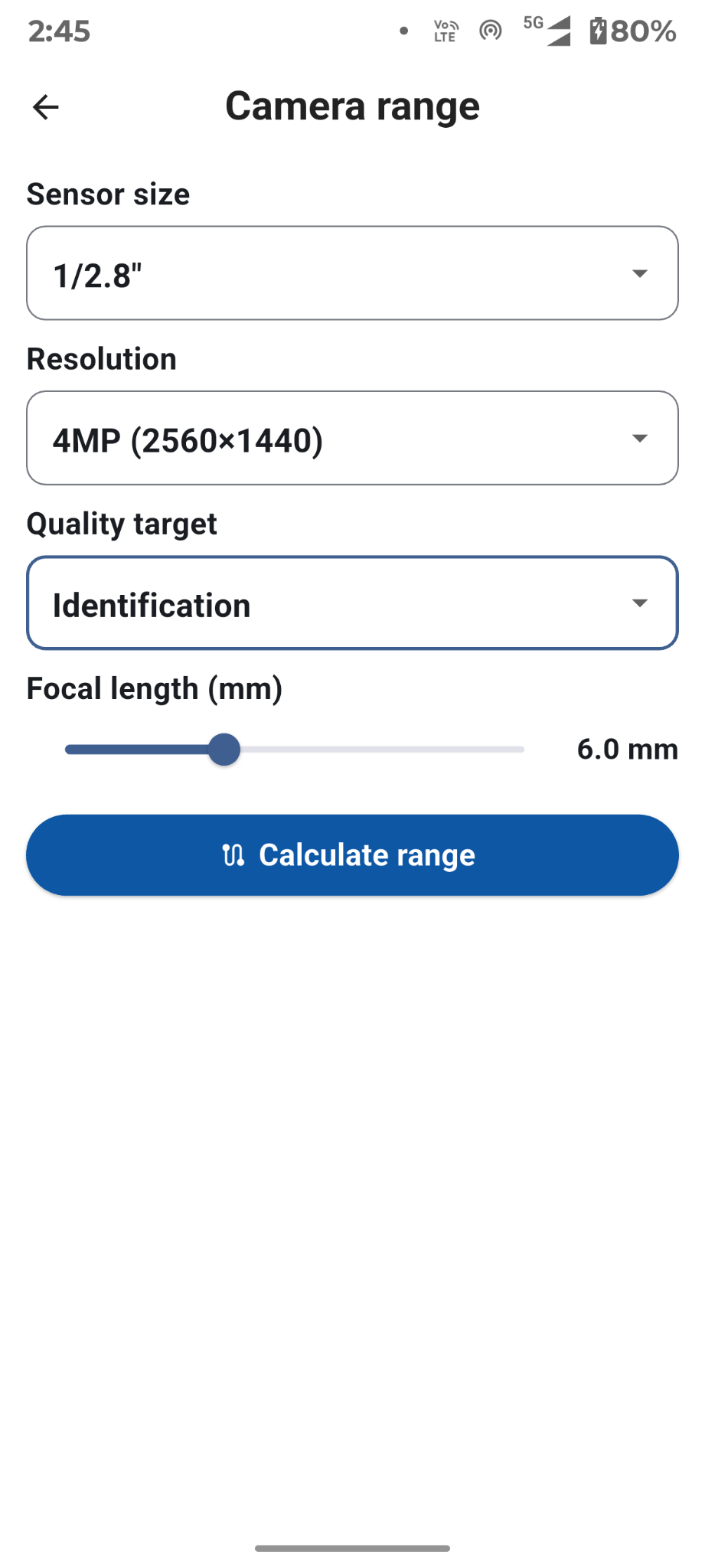CC Helper camera range calculator screen
